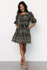 Katina Embroidered Short Dress | Black + White